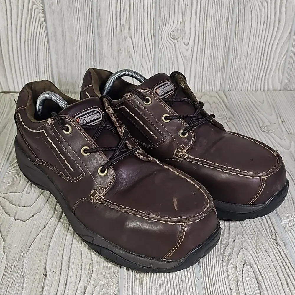 Rockport Works Lace Up Sailing Club Steel Toe Work Shoes Brown Leather Mens 10.5
